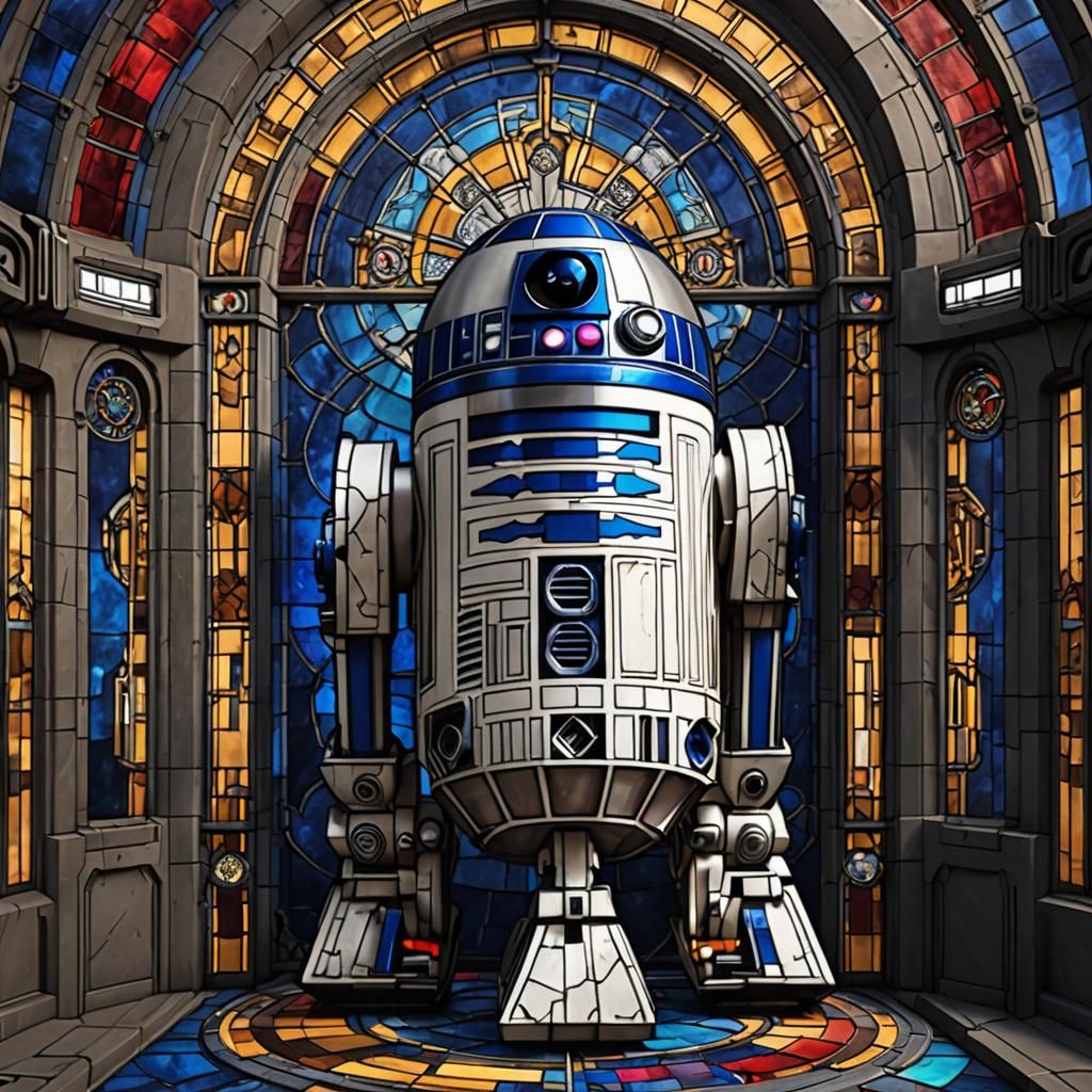 R2D2 Stained Glass Window in Detailed Matte Style