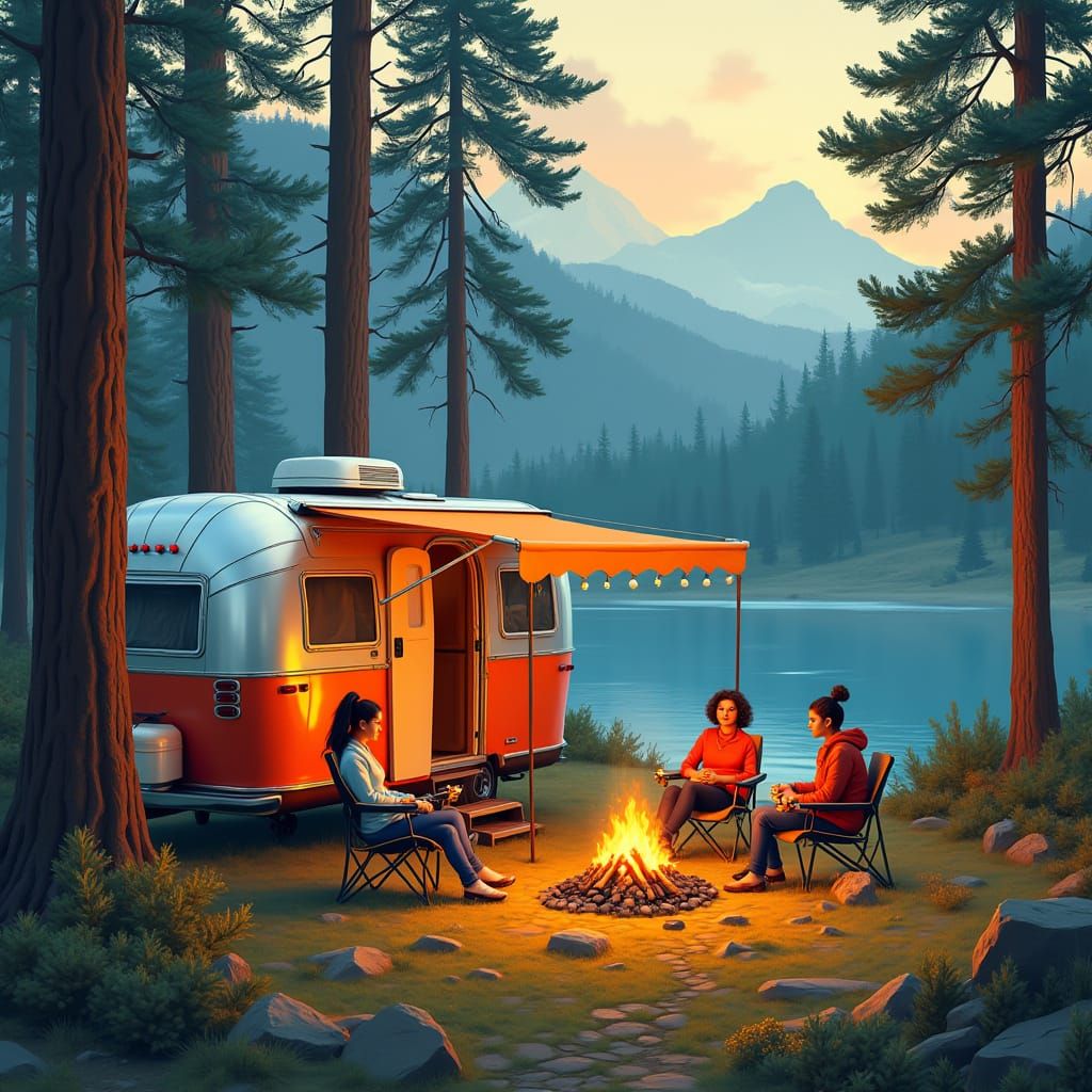 Cozy Campfire Gathering Amidst Pine Trees by a River