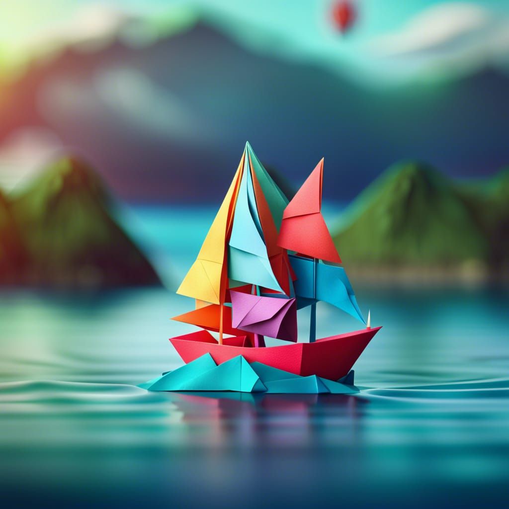 Origami Ship Sails on the Sea: Digital Art