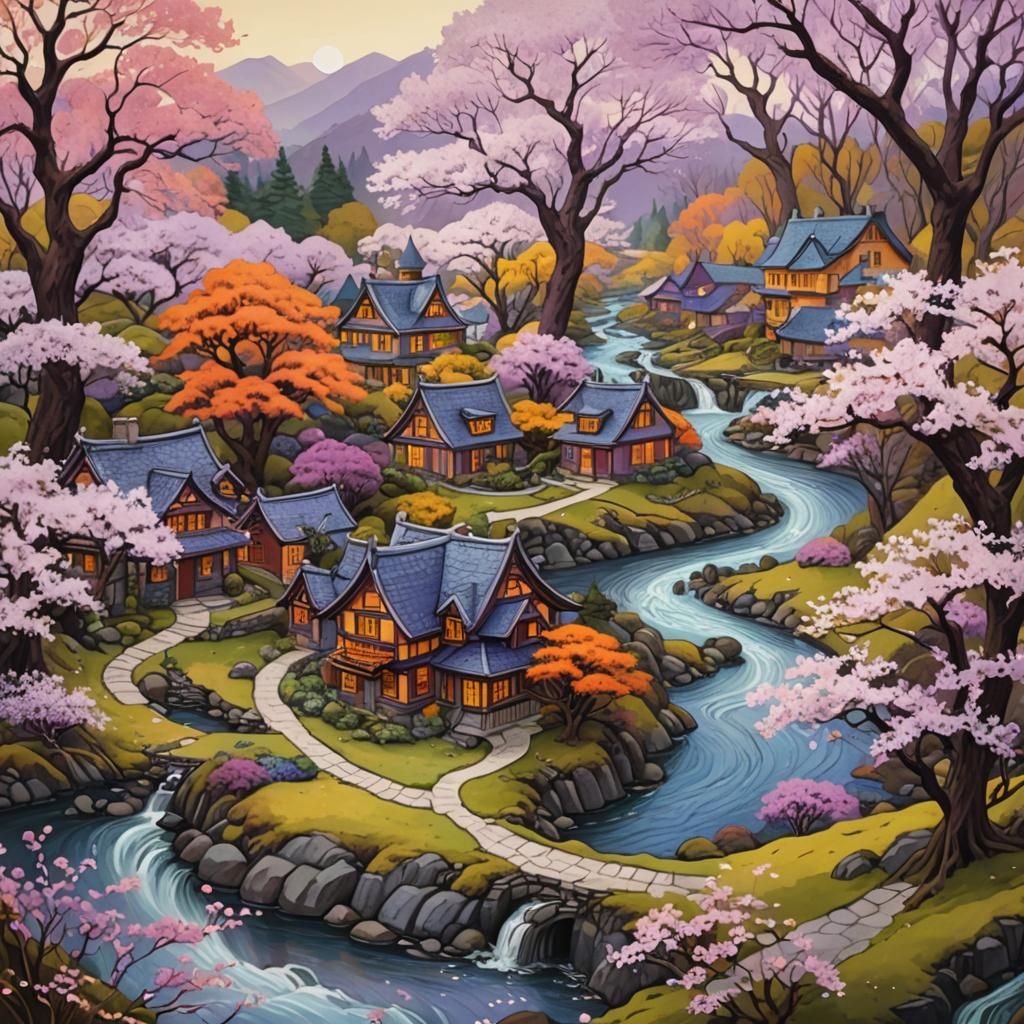 Whimsical Fantasy Landscape with River and Homes