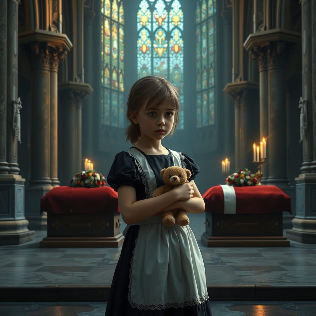 Girl Mourns Parents in a Grand Cathedral