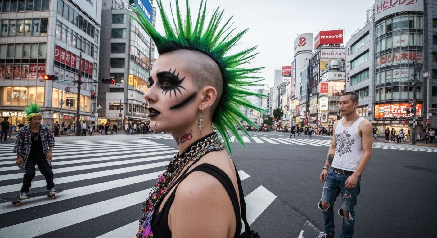 Punk Girl in Shibuya Crossing: A Rock Scene