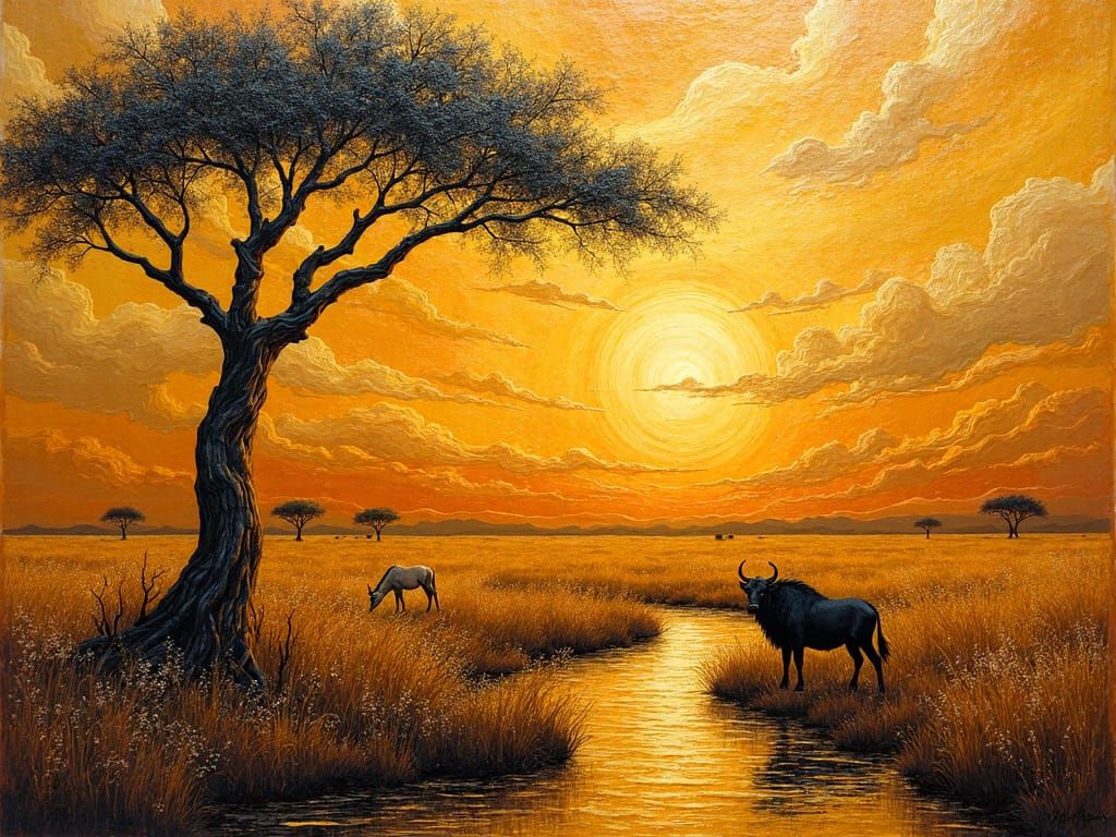 Golden Serengeti Landscape in Encaustic Style