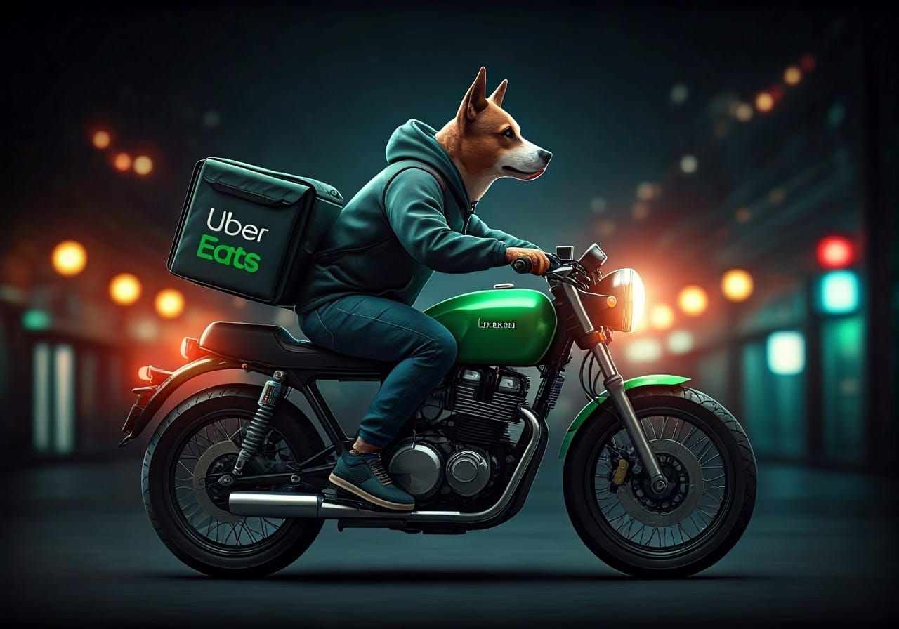 Digital Dog Uber Eats Rider Zooms Through City Nights in Hyp...