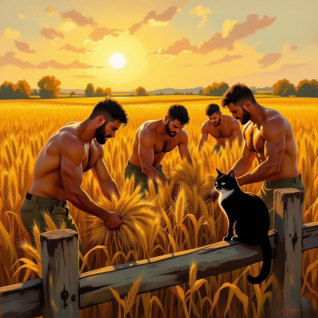 Muscular Men Harvesting Autumn Field in Golden Hour Oil Pain...