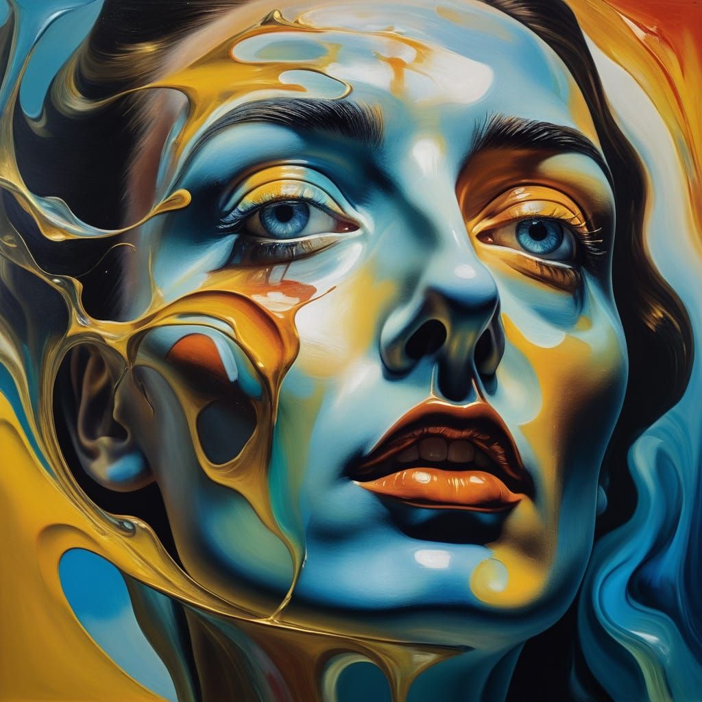 Vibrant Surrealist Oil Painting of a Woman's Face in a Swirl...