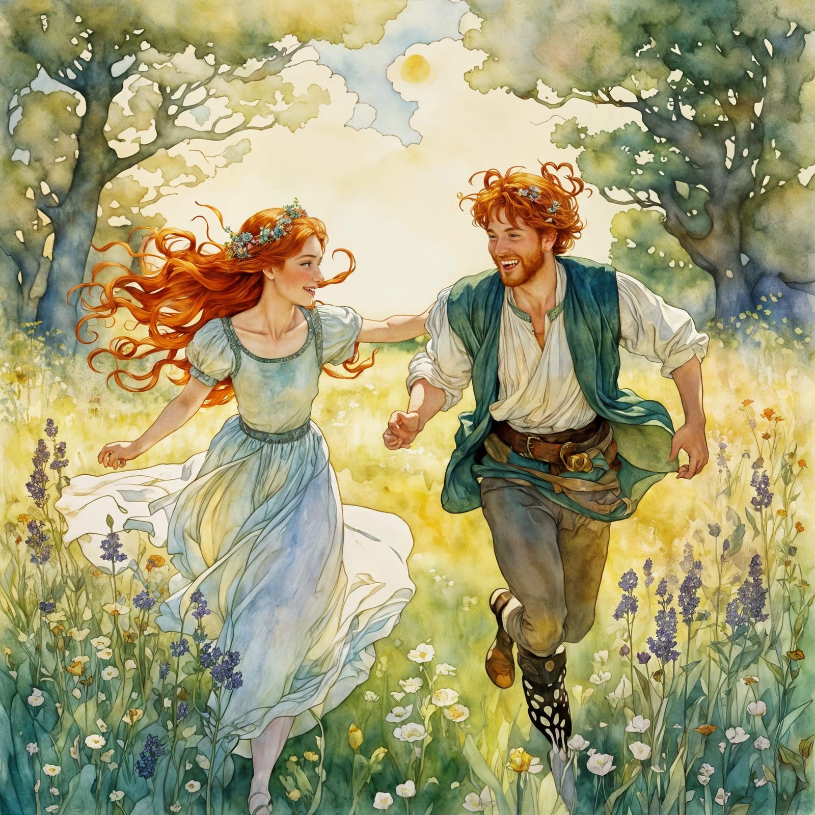 Redhead Royalty in Sunlit Meadow: Art Nouveau Watercolor