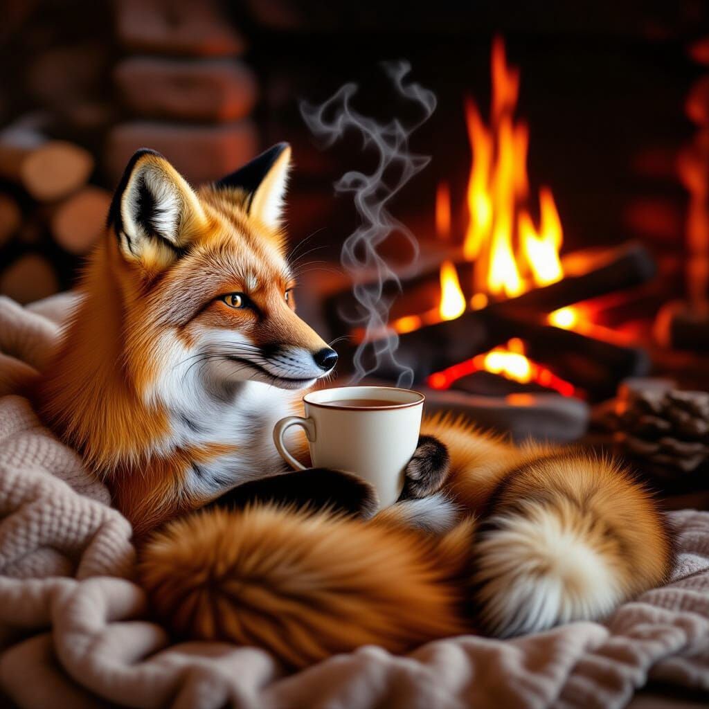 Red Fox Relaxing by Fire with Tea
