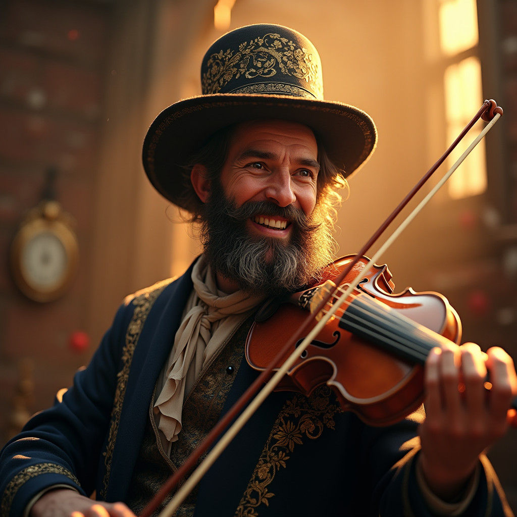 Joyful Hasidic Man Plays Violin in Dreamlike Setting