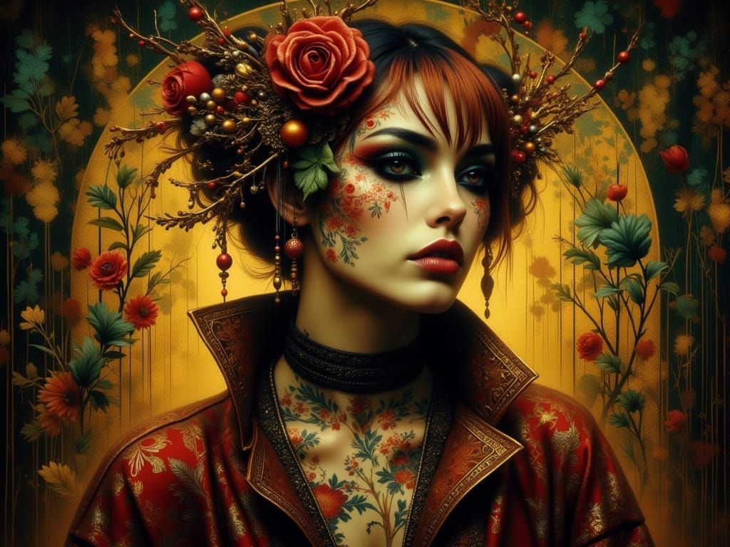 Geisha Portrait Fading into Background, Artgerm and Rutkowsk...