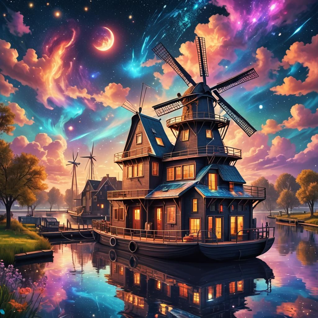Dutch Houseboat and Windmill: Astral Cosmic Illustration