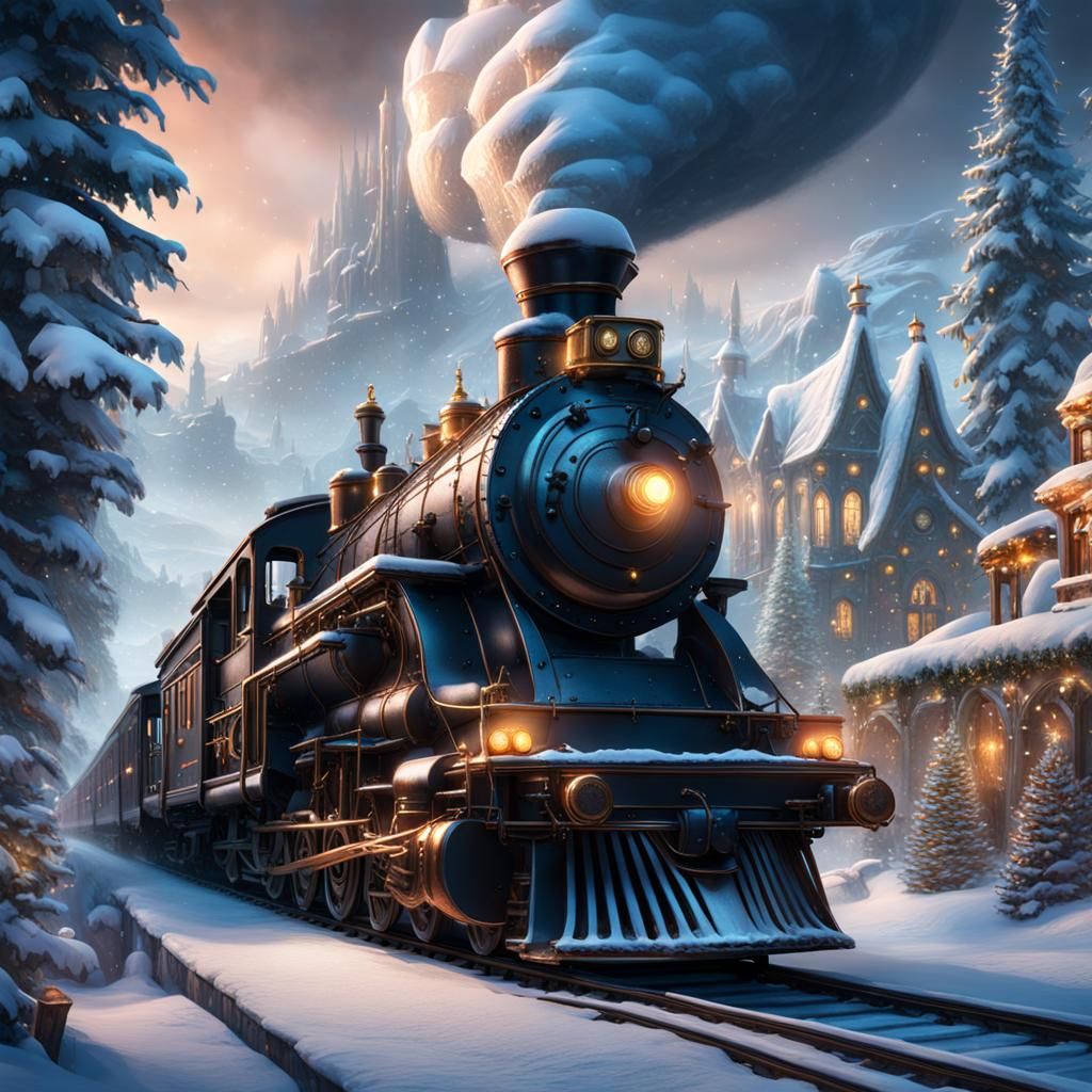 Christmas Train in Winter Wonderland, Detailed Matte Paintin...