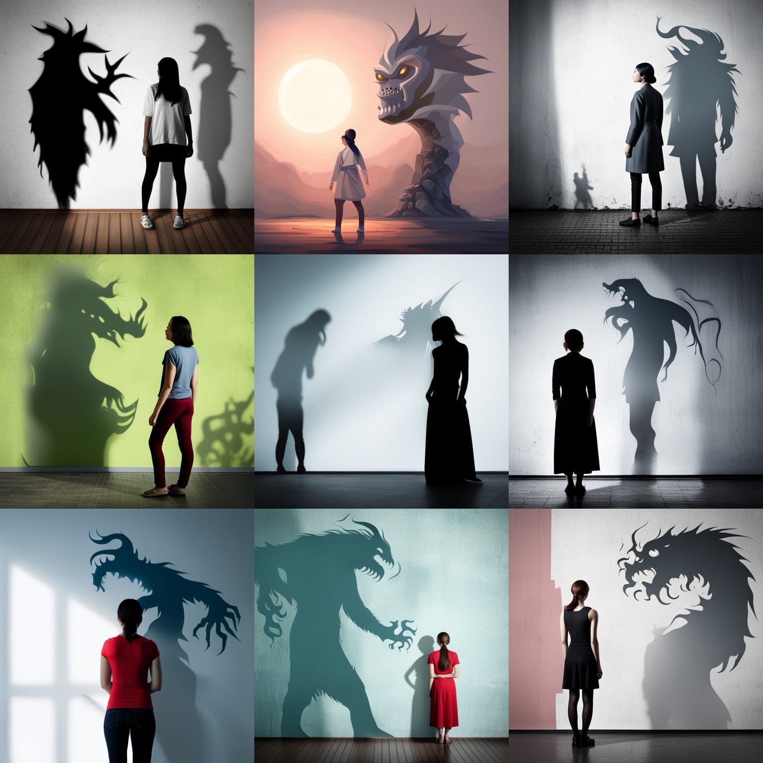 Asian Woman and Ominous Shadow Monster