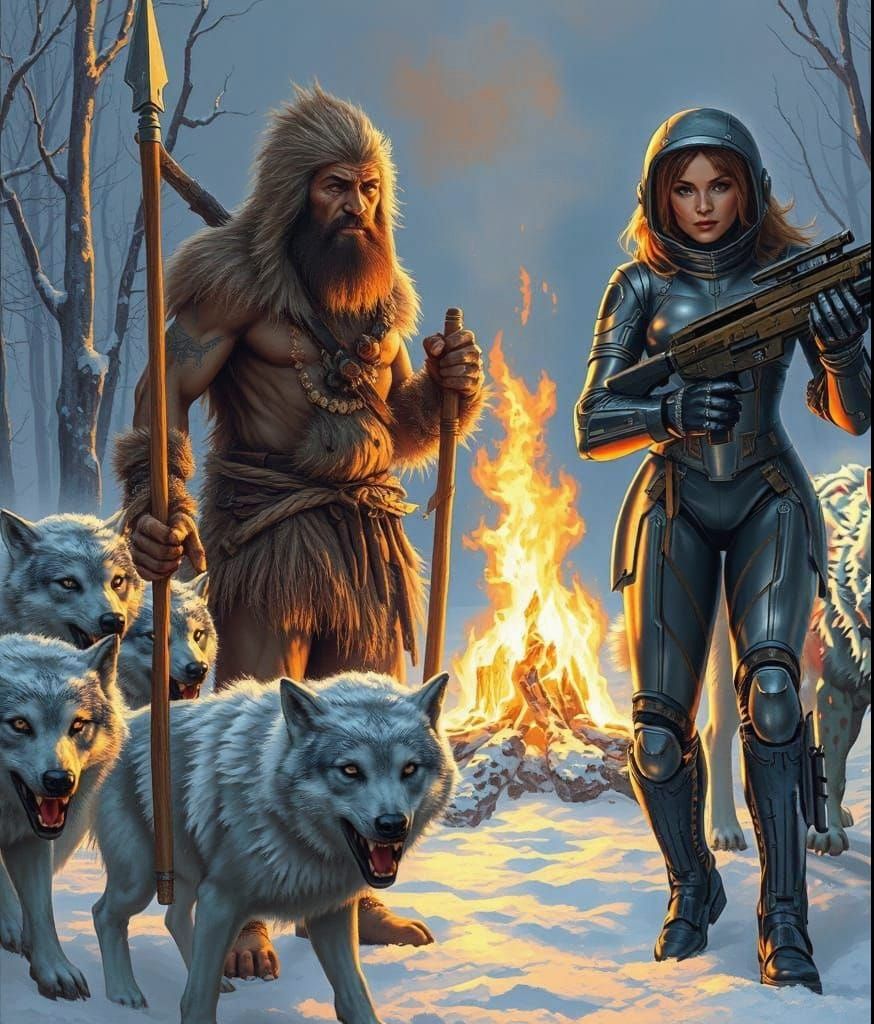 Primitive Warrior and Futuristic Amazon Defend Against Wolve...