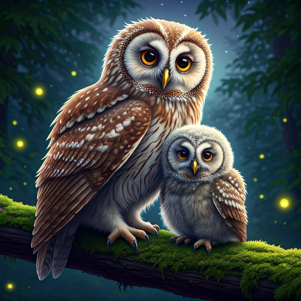 Fluffy Baby Owl with Mother Under Starry Sky