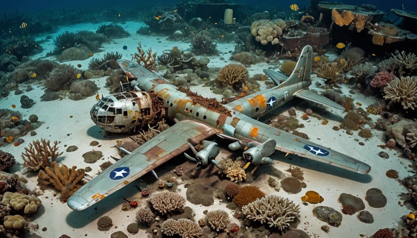 Sunken B29 Bomber Wreckage with Bioluminescent Jellyfish