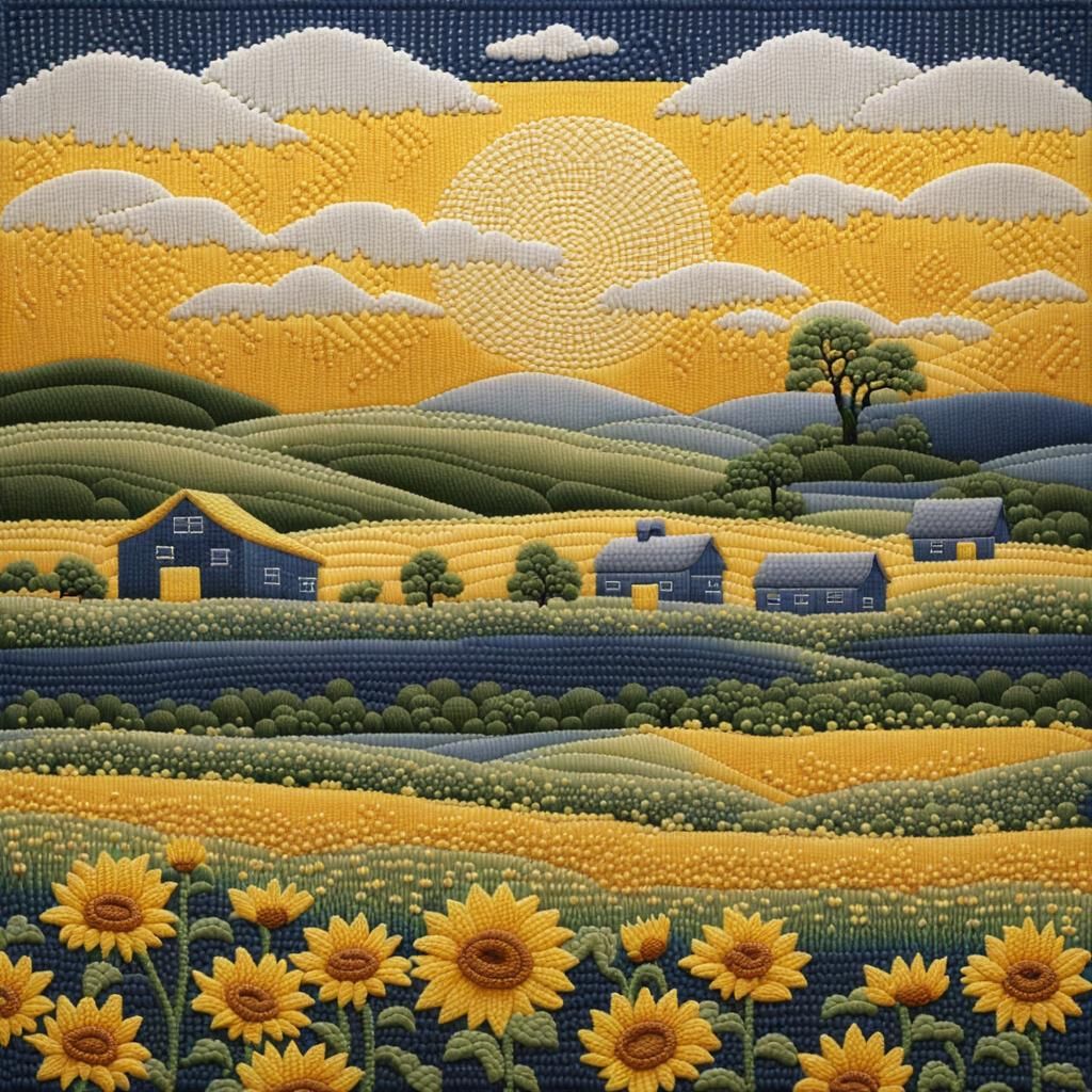 Sashiko Stitched Easter Sunrise Over Sunflowers