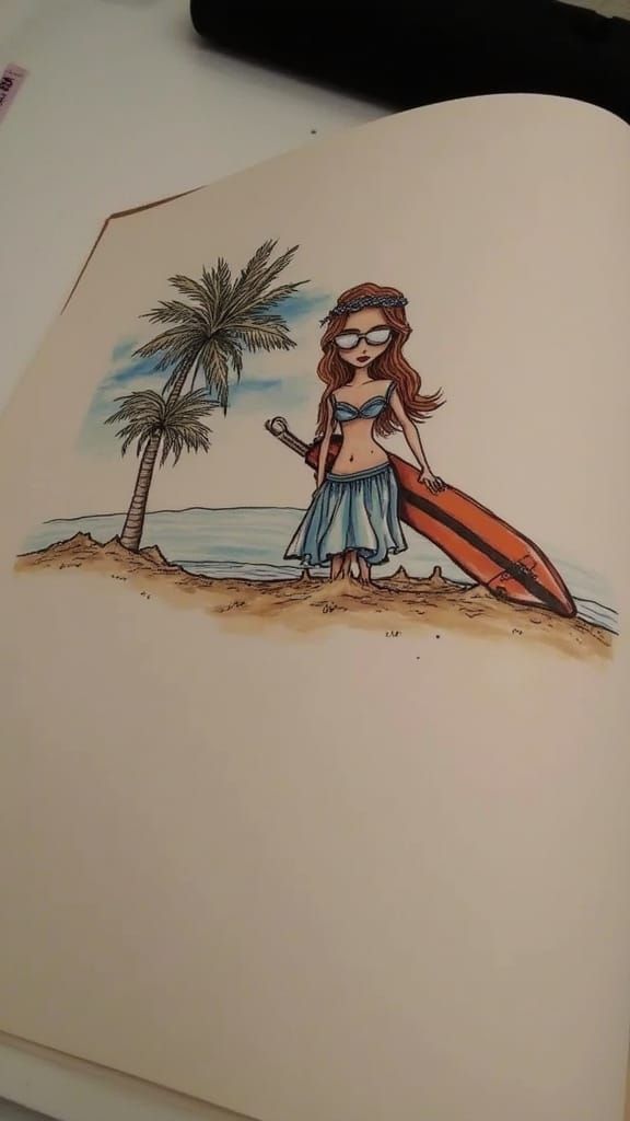 Woman with Surfboard on Beach in Surf Art Style