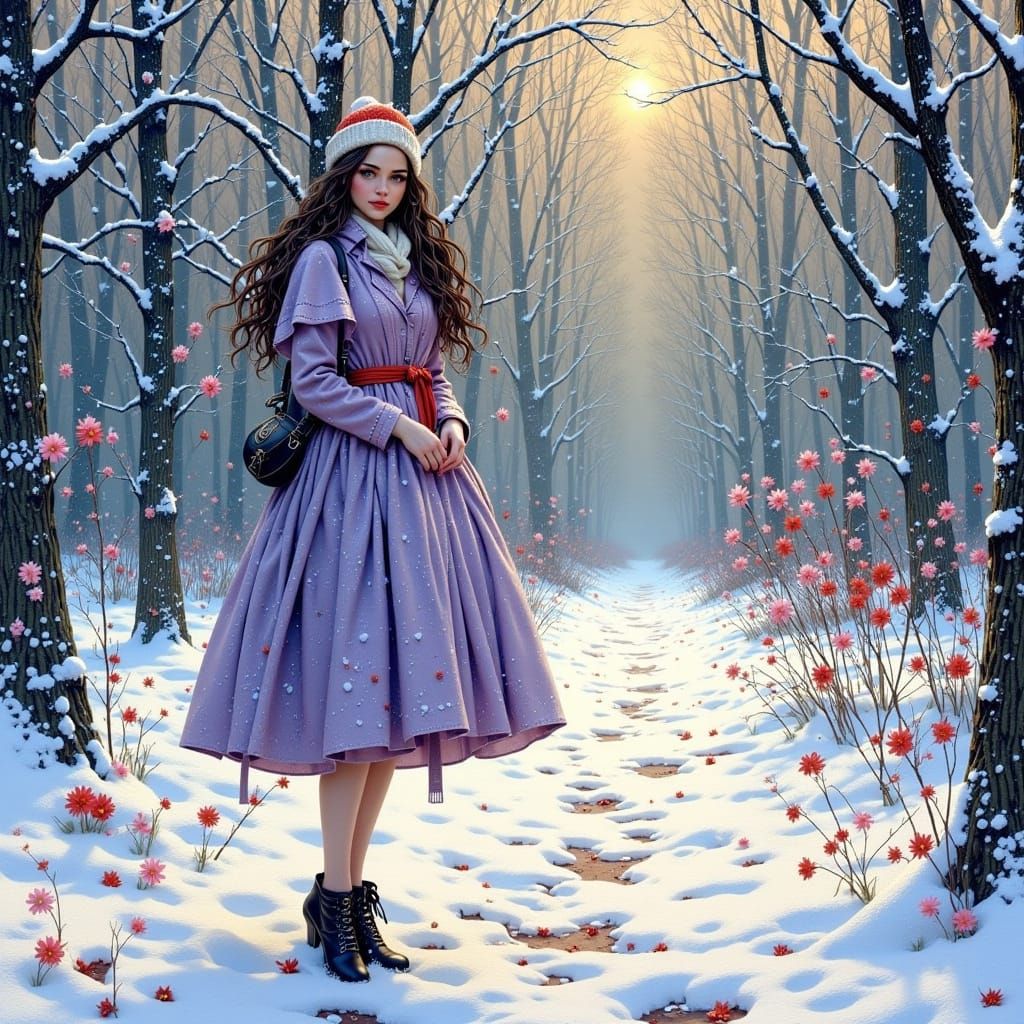 Girl in Snow: Neo-Impressionist Expressionist Oil Painting