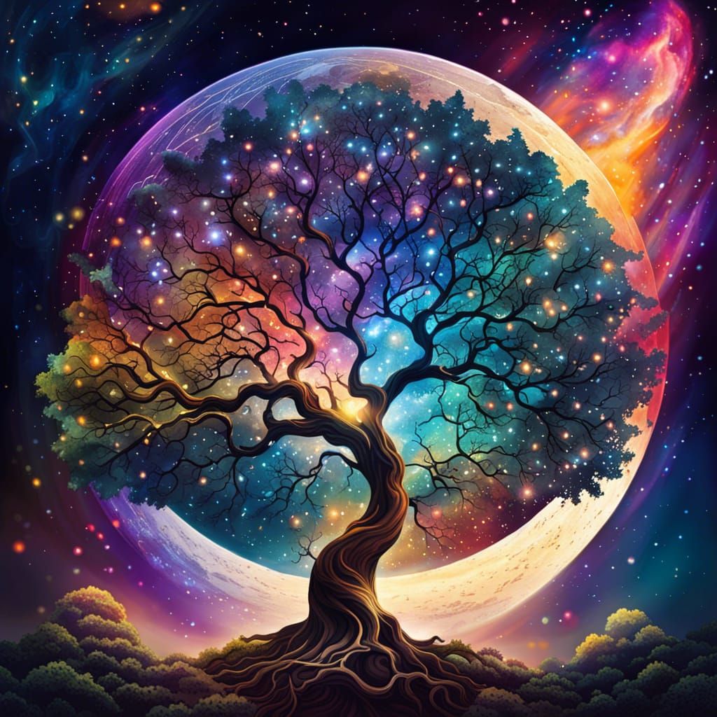 Rainbow Cloud Tree on Star Nebula: Digital Matte Painting