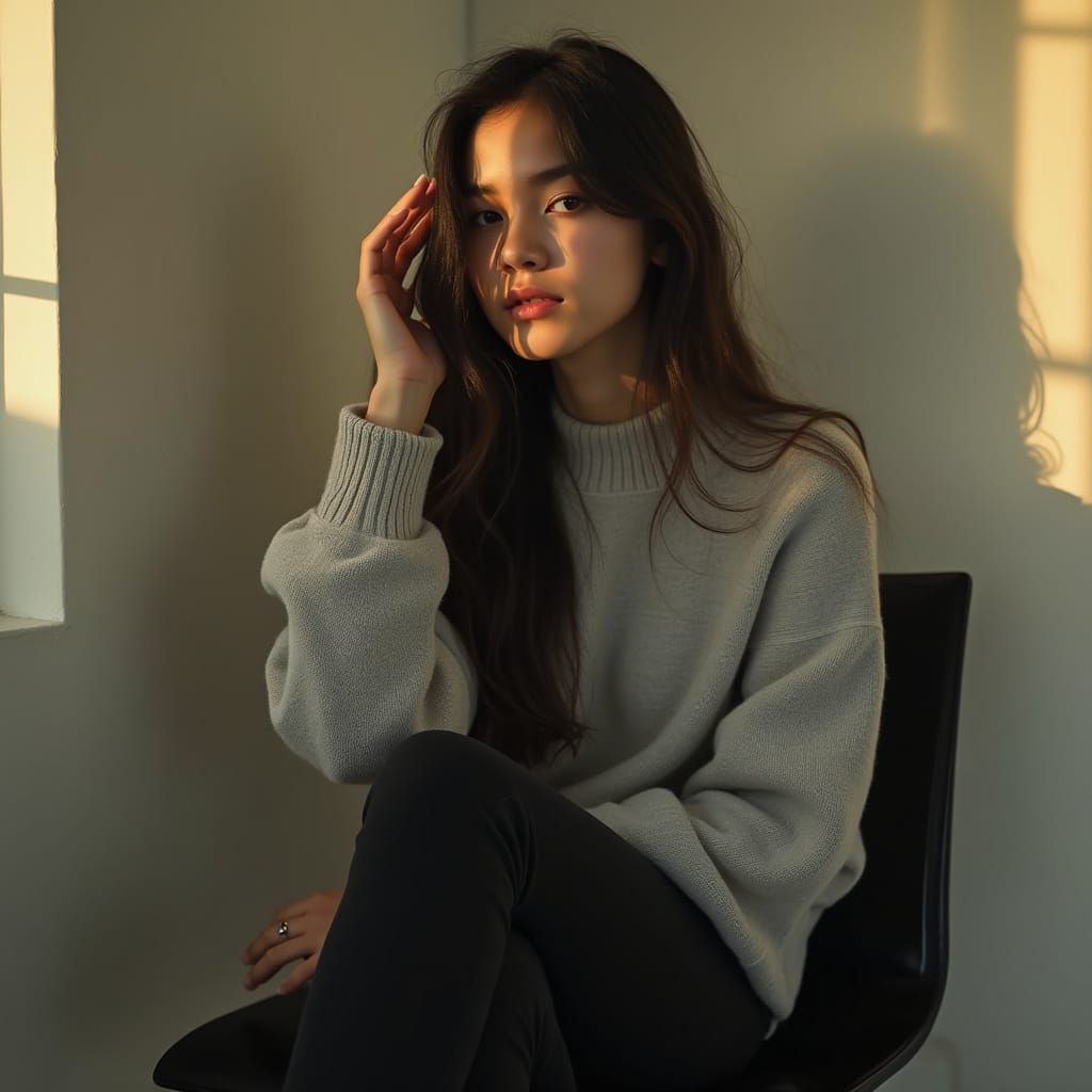 Serene Young Woman in Gray Sweater, Soft Light