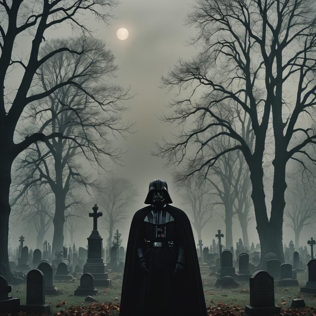 Darth Vader Mourning in Graveyard, Monochromatic Cinematic