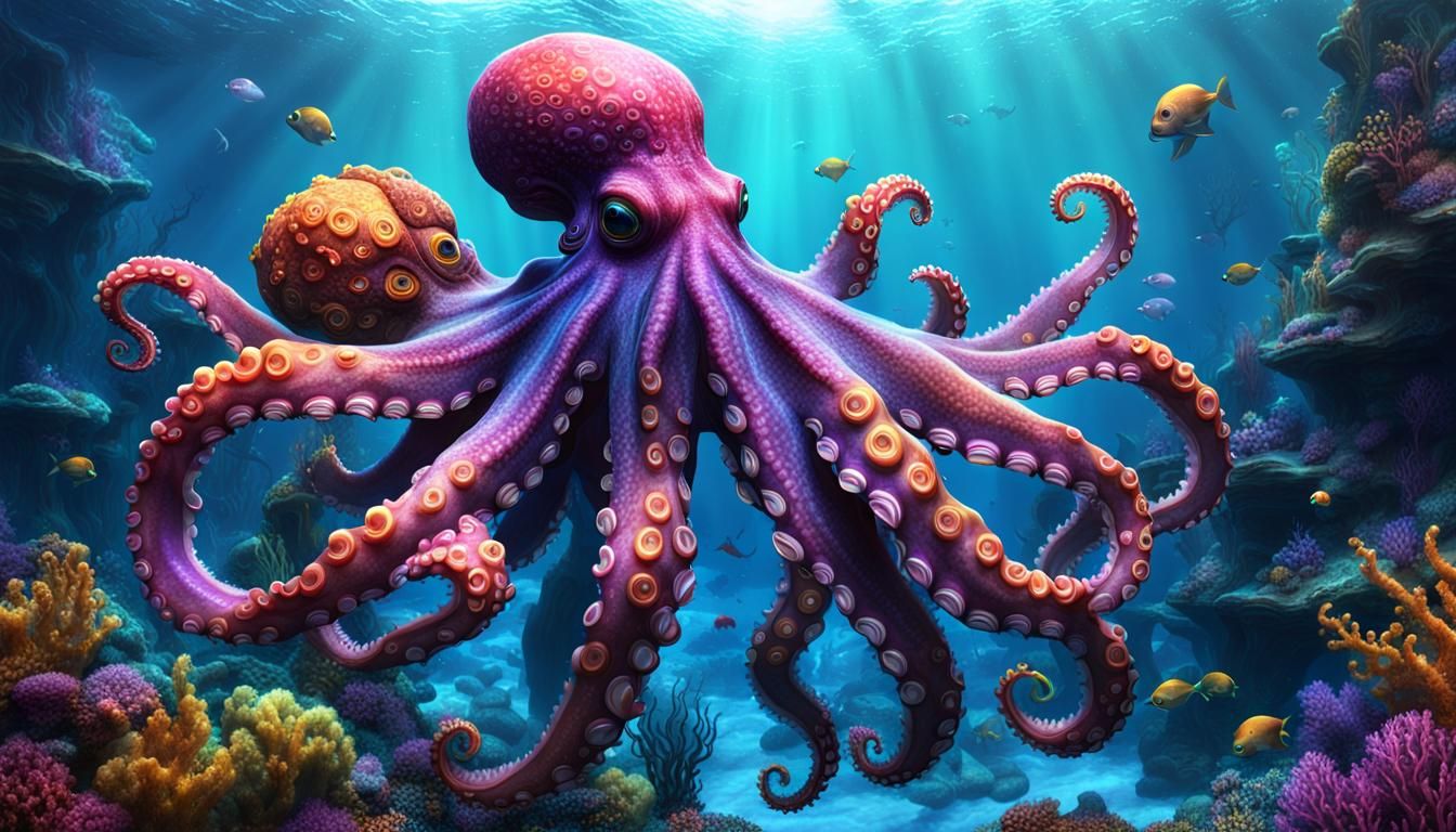 A deep ocean scene with a 20 armed octopus