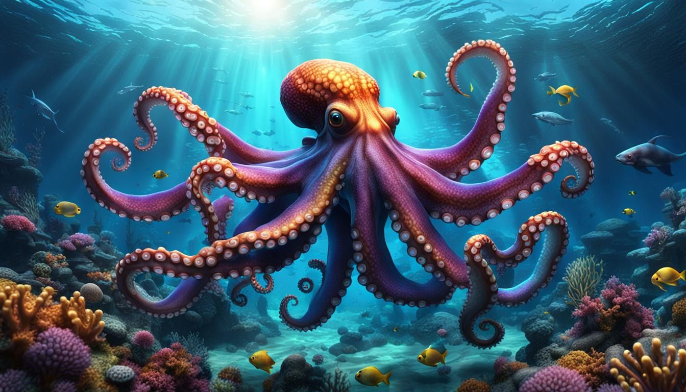 A deep ocean scene with a 20 armed octopus