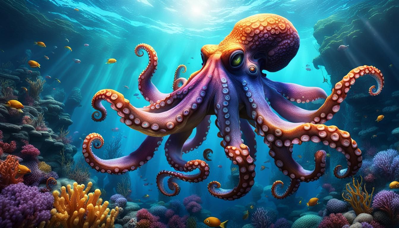A deep ocean scene with a 20 armed octopus