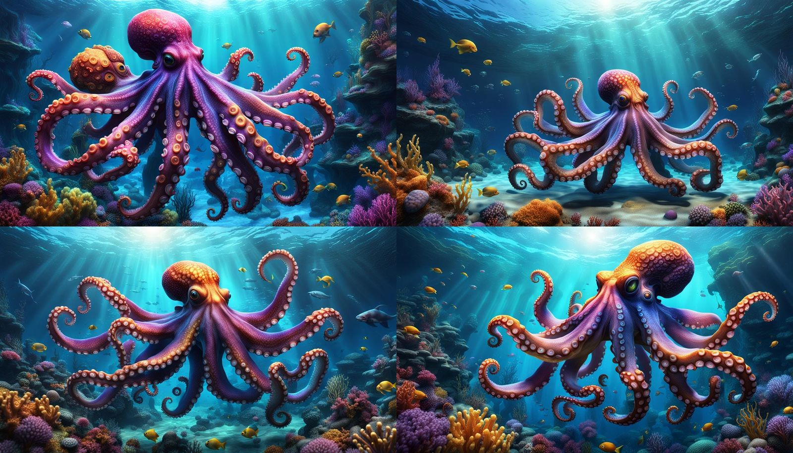 A deep ocean scene with a 20 armed octopus