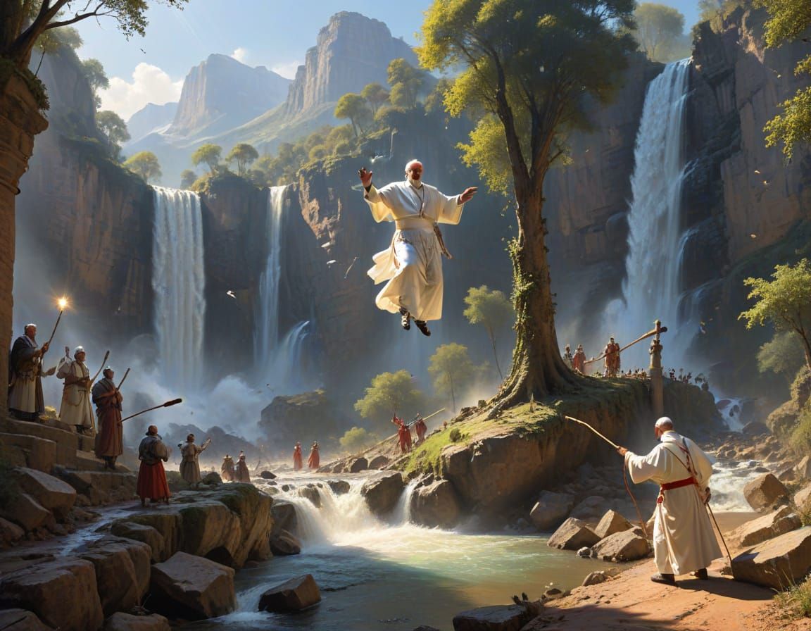 Pope Flies to Sun Creating Waterfall: Surreal Image