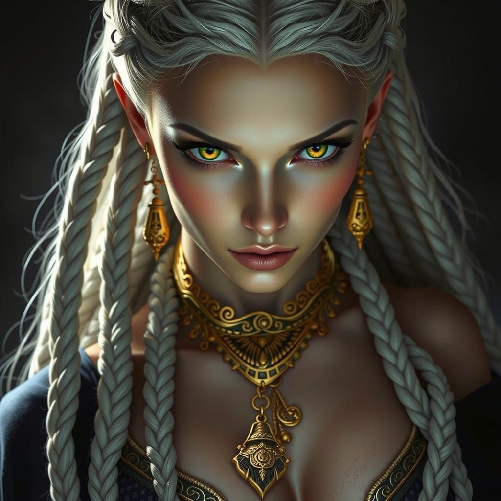 Ethereal Platinum Blonde Woman with Golden Eyes and Braids