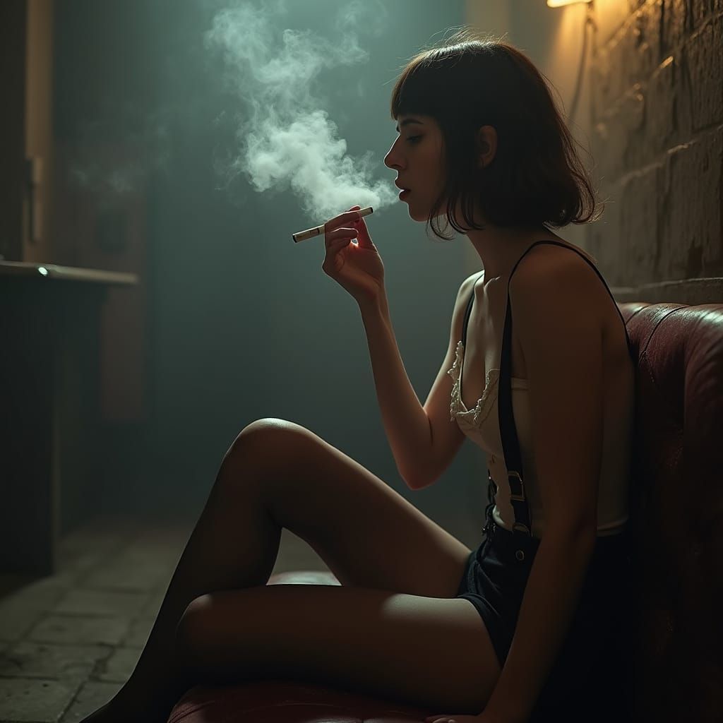 Film Noir Woman Smoking with Dramatic Lighting