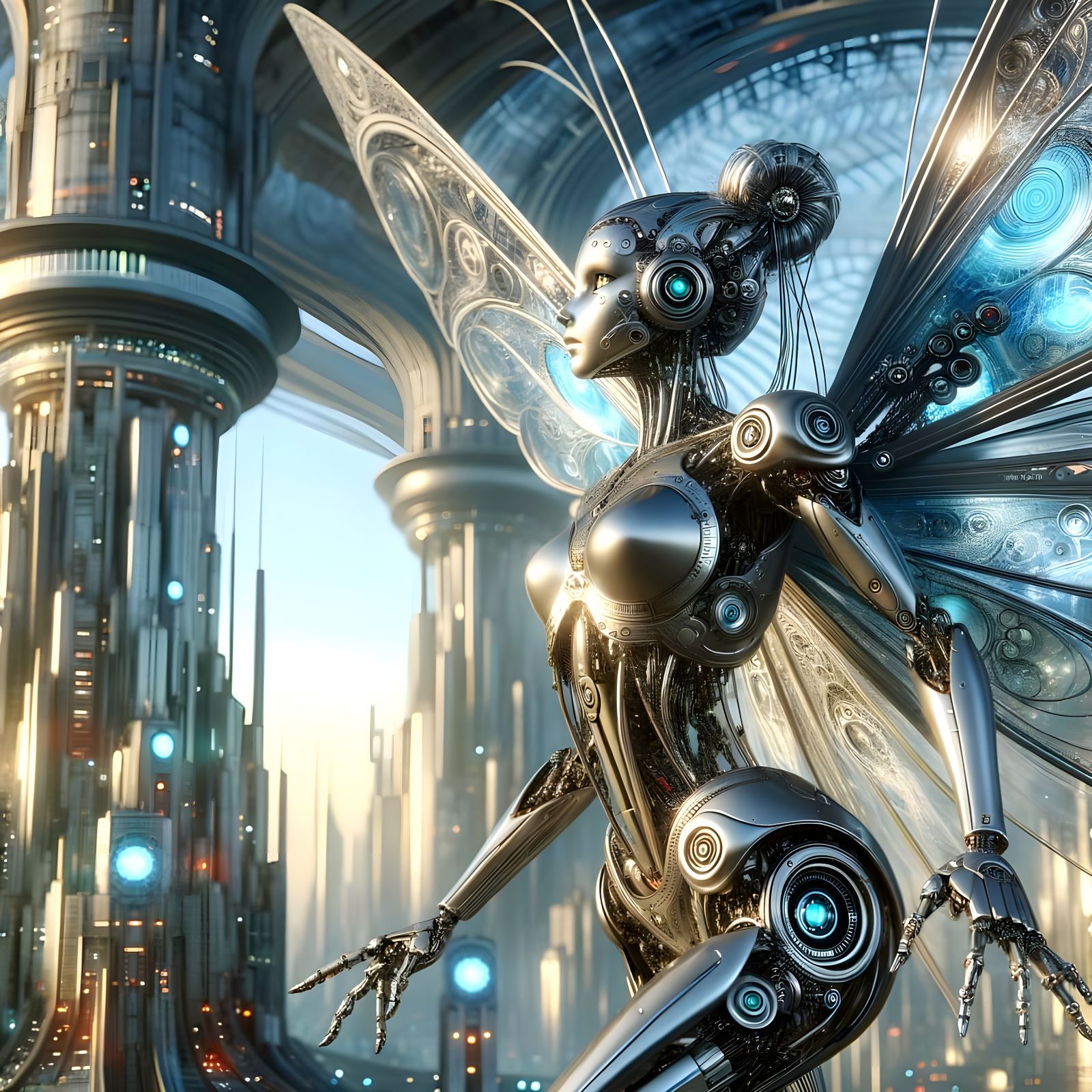 Futuristic Robotic Fairy in Gleaming Silver Metal
