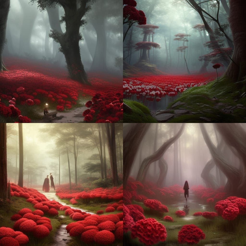 Dark Red Carnations in Fantasy Forest Art
