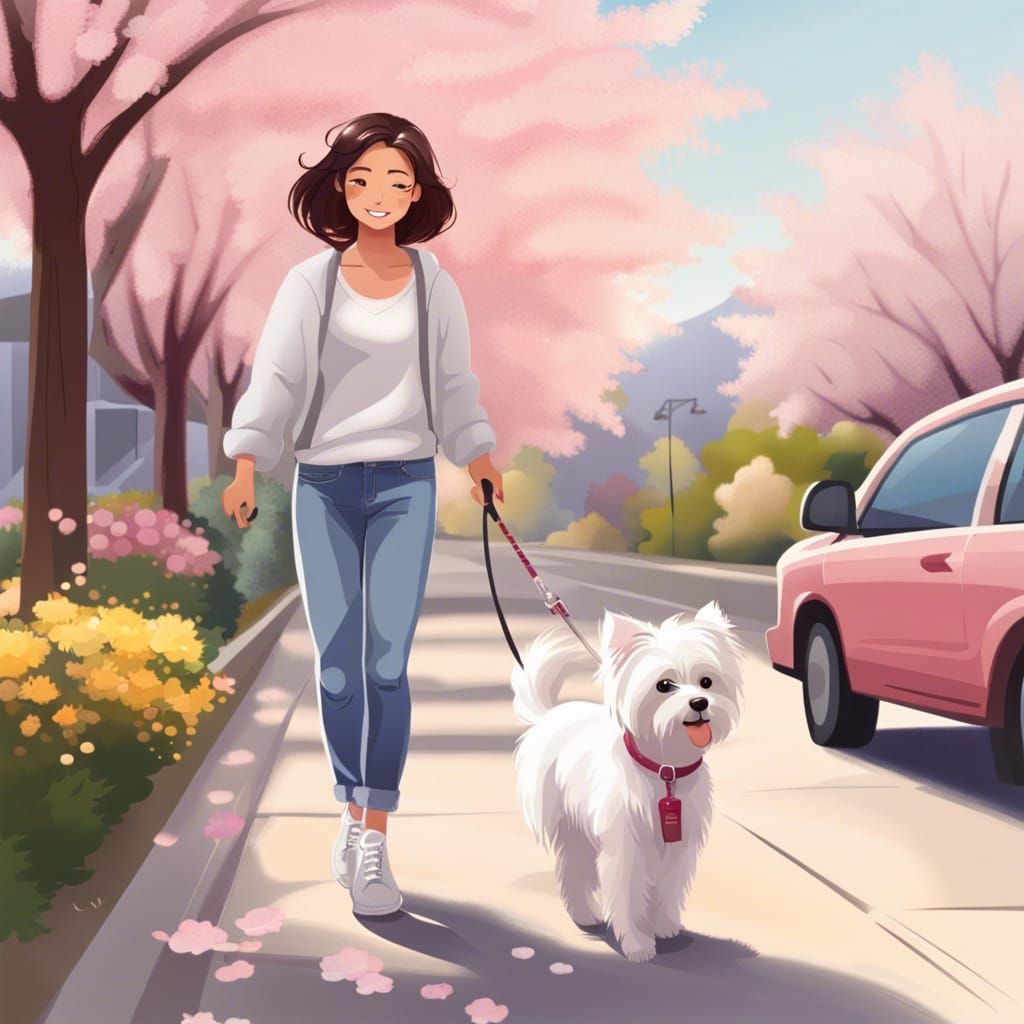 Girl Walking Dog on Sunny Street