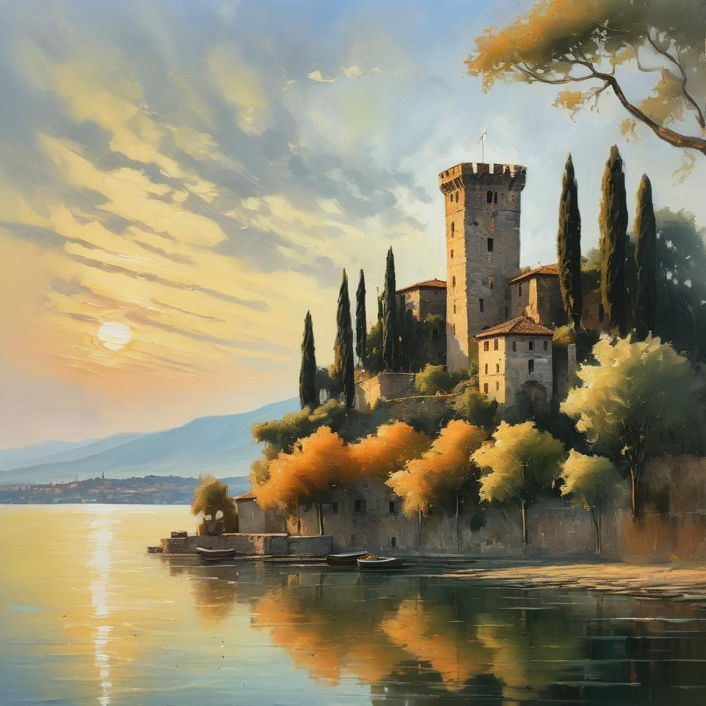 Lake Trasimeno Island: Oil Painting with Watchtower