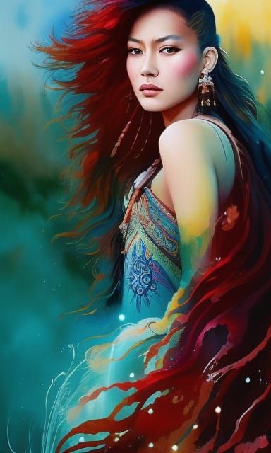 Navajo Girl with Red Hair: Gouache Painting