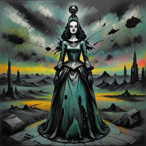 Surreal Woman in Alien Landscape with Melting Clock