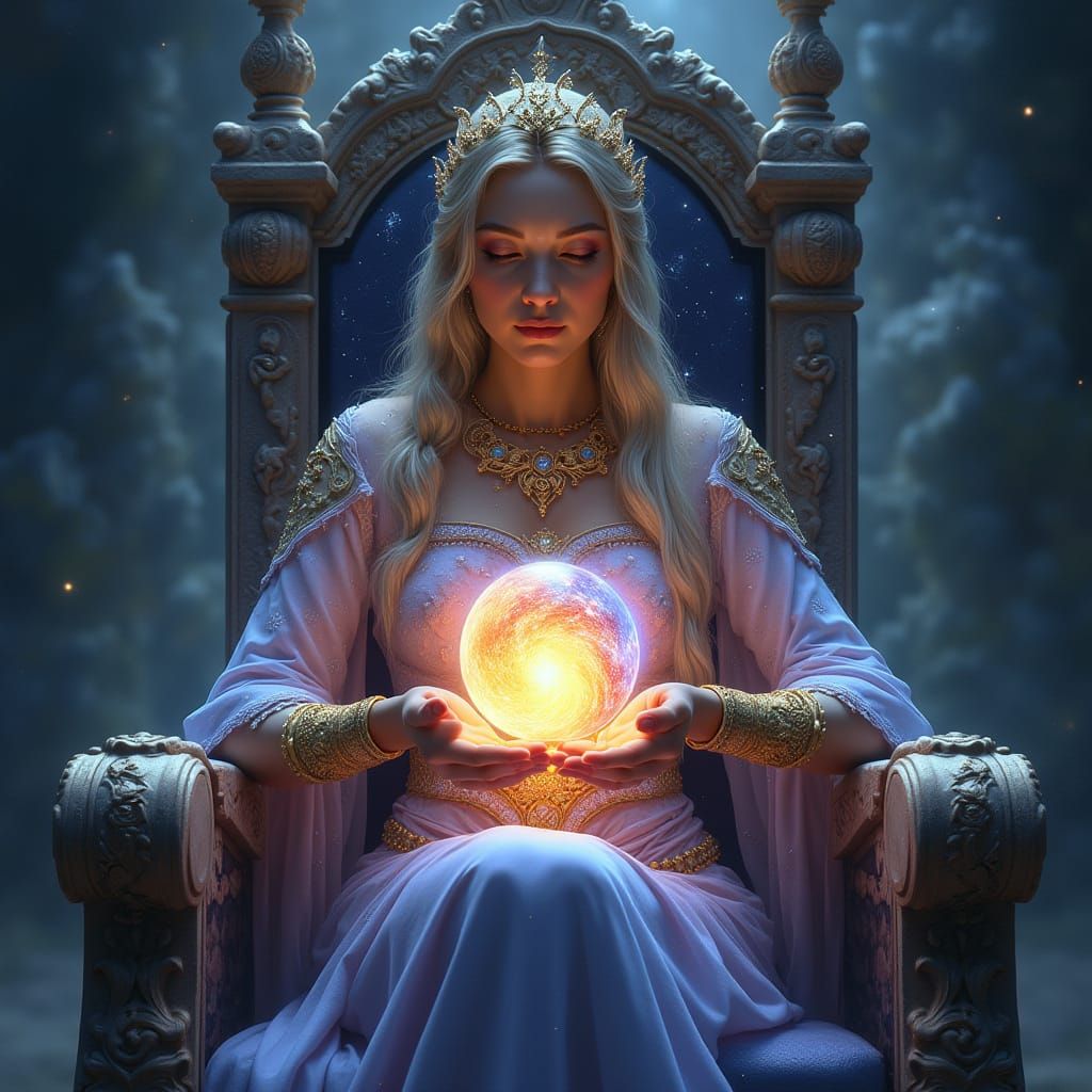 Queen on Moonstone Throne with Galaxy