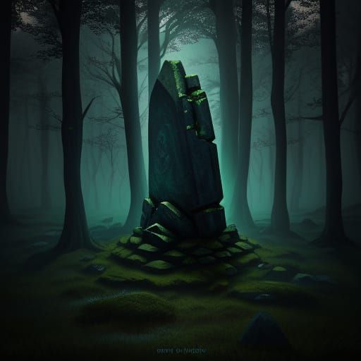 Mysterious Standing Stone in Dark Forest