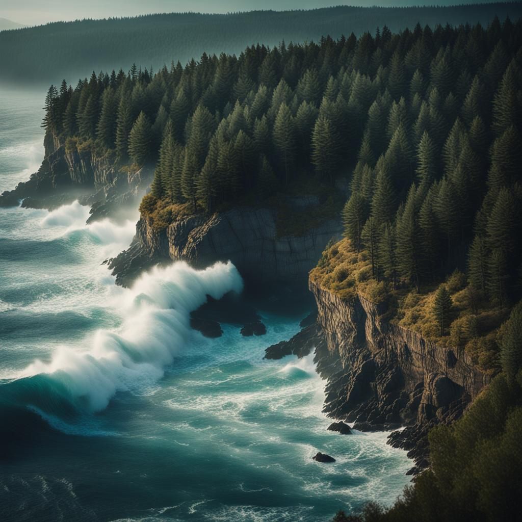 Dramatic Ocean Waves Crashing on Cliffside