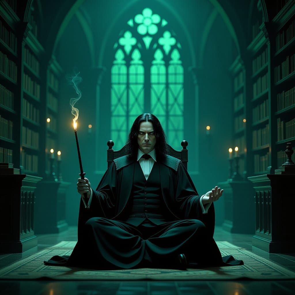 Snape Meditating in Hogwarts Study with Magic Wand