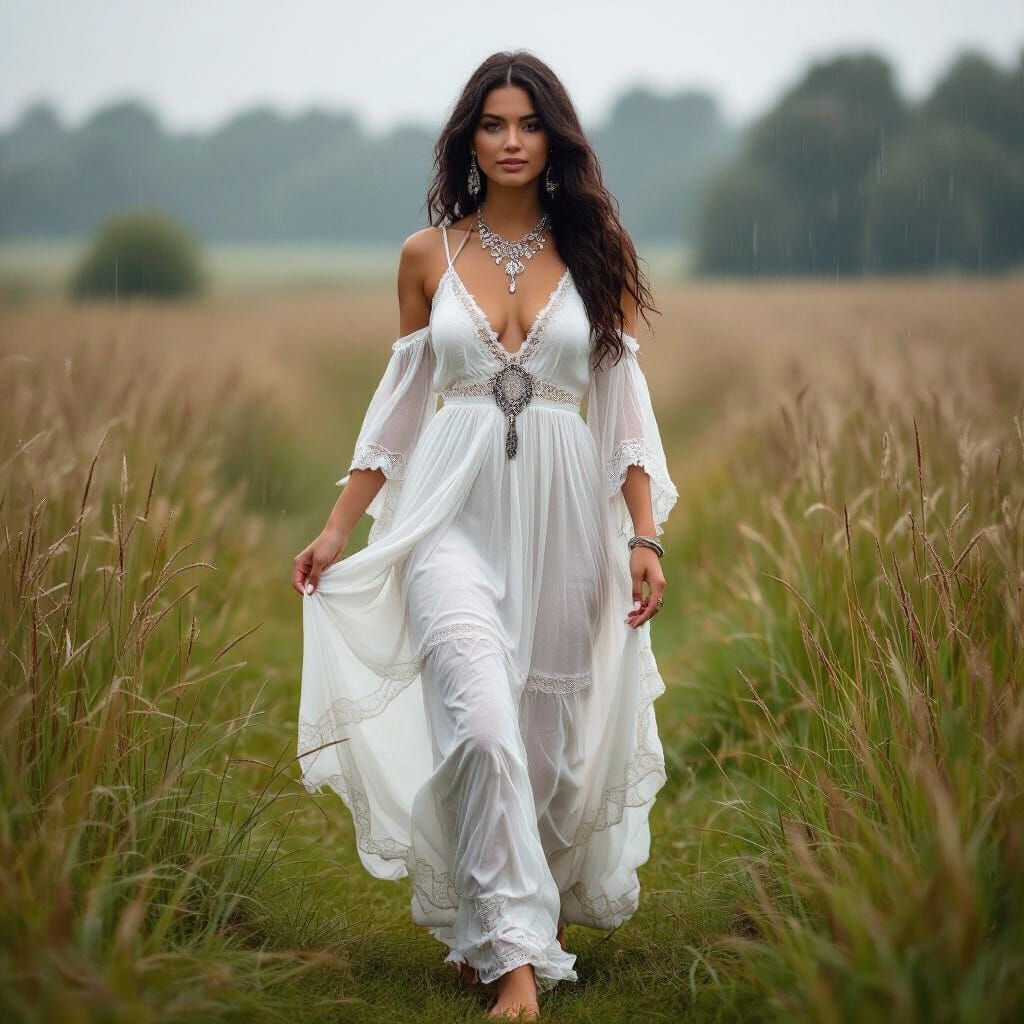 Woman in White Dress Walking in Rain, Art Nouveau