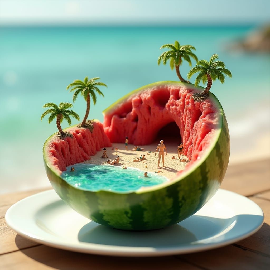 Miniature Beach Scene Inside a Watermelon: Digital Artwork