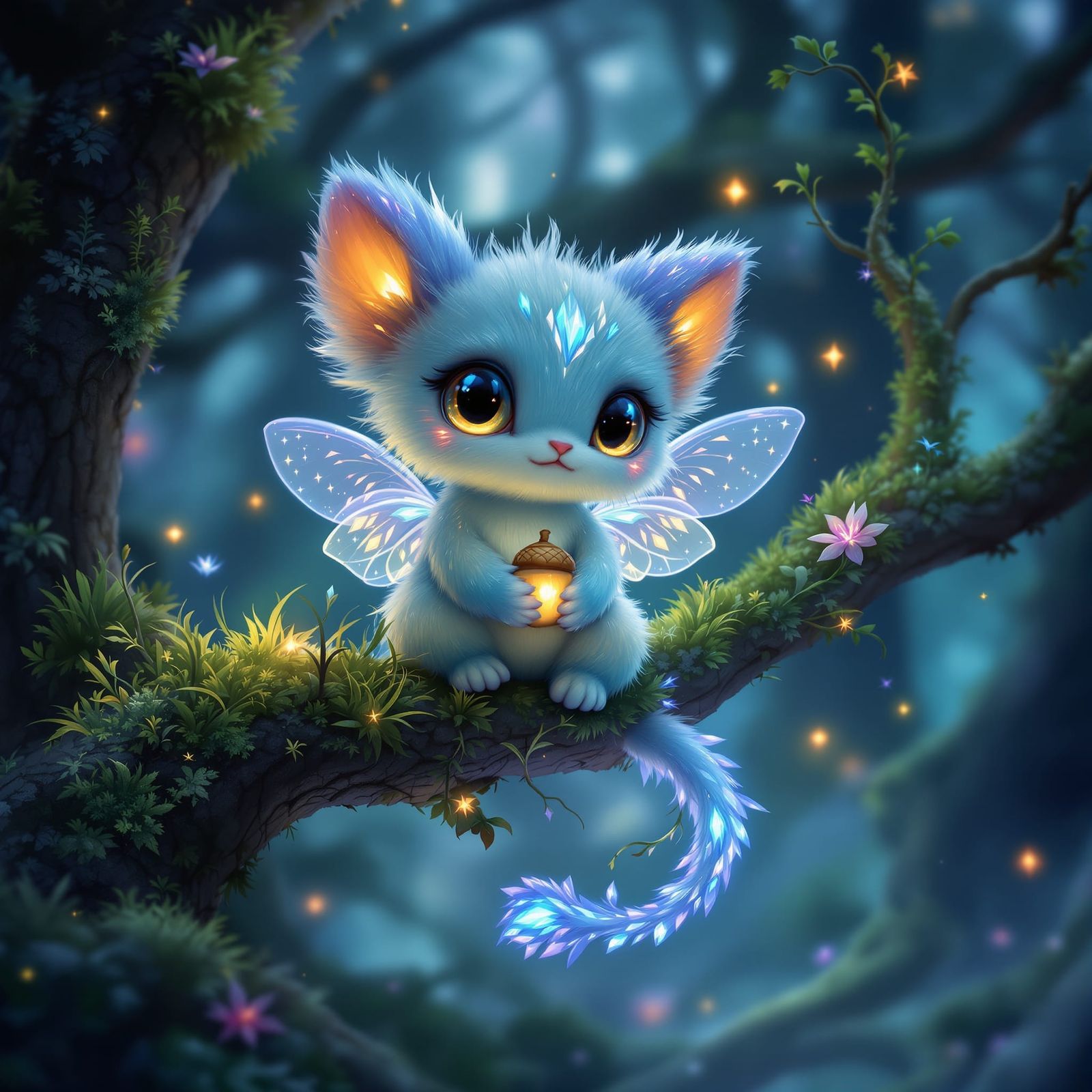 Cute Creature on Mossy Branch in Enchanted Forest