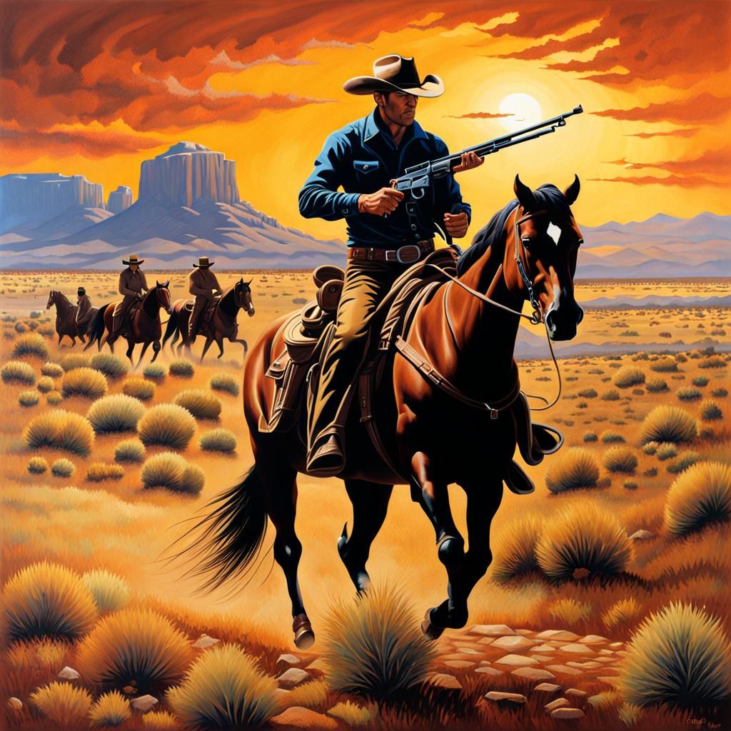 Outlaw Cowboy on Horseback: Hyperdetailed Western Scene