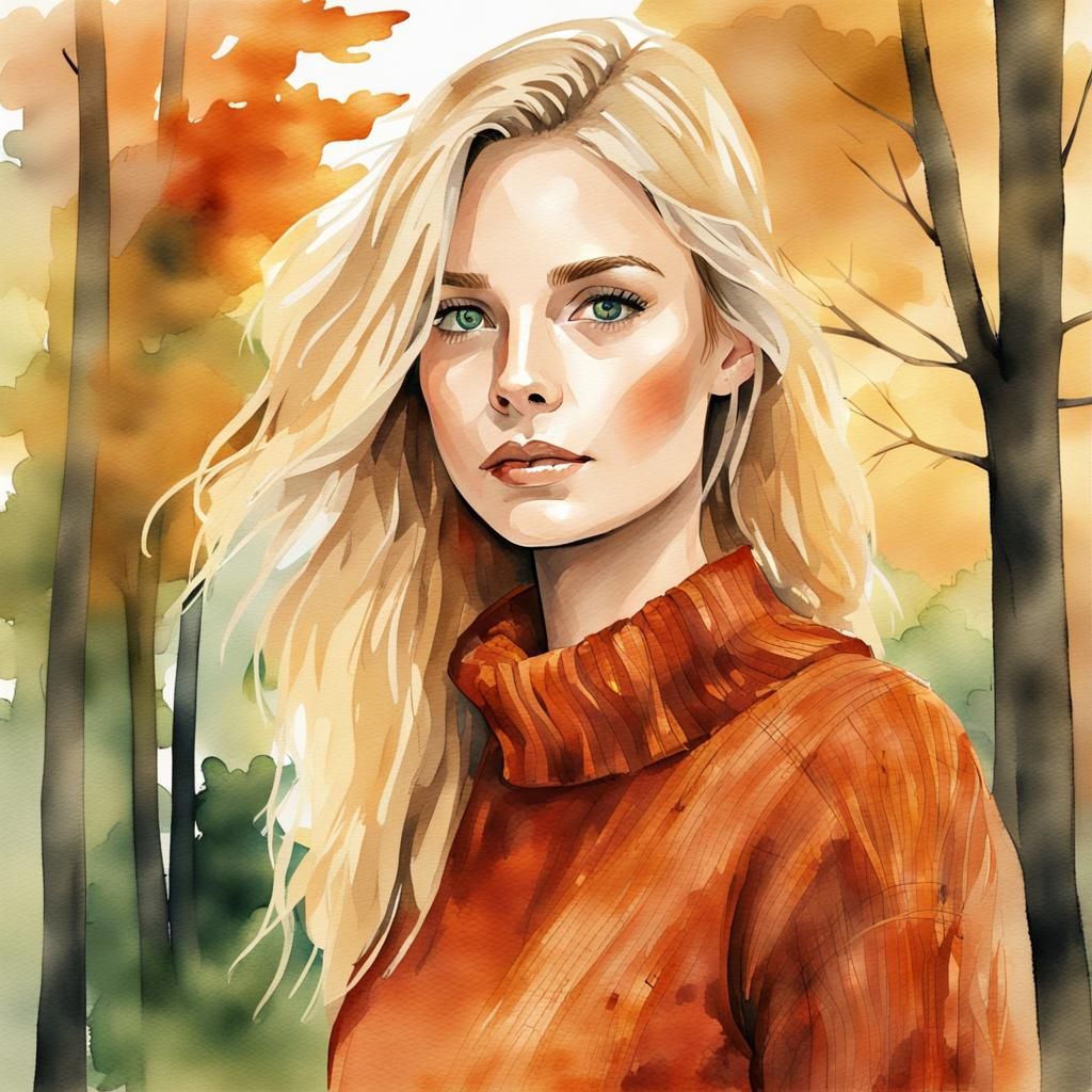 Watercolor Portrait of Woman in Autumnal Setting