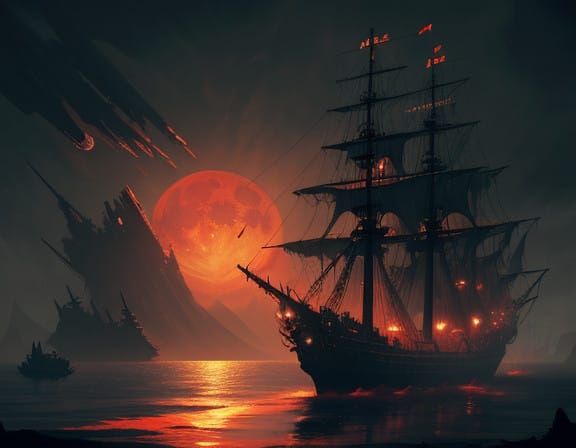 Ghostly Pirate Ship Sets Sail Under a Blood-Red Moon in Neo-...