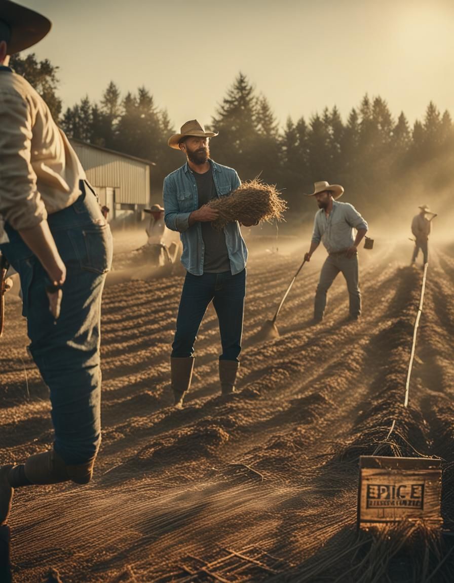 Cinematic Golden Hour Farm Scene with Farmers